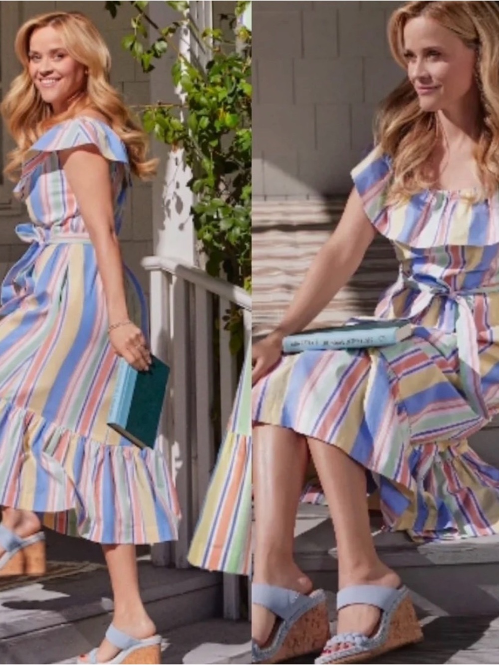 Draper James Pastel Multi-Stripe Ruffle Midi Dress